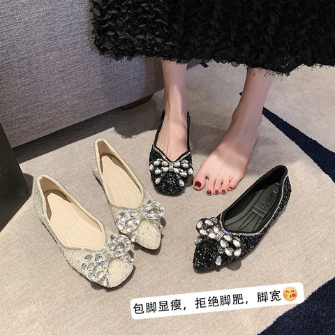 Sonicelife 2025 Spring Woman Elegant Square Toe Sequins Kawaii Ballet Flats Barefoot Designer Luxury   Female Shoes Party