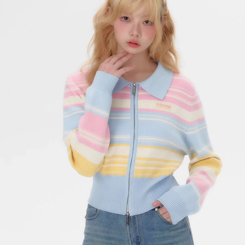 Sonicelife Fashion Rainbow Cardigan Sweaters Women Casual Zipper Sweet Knitted Short Coat Japan Slim Long Sleeve Female Fall Tops New