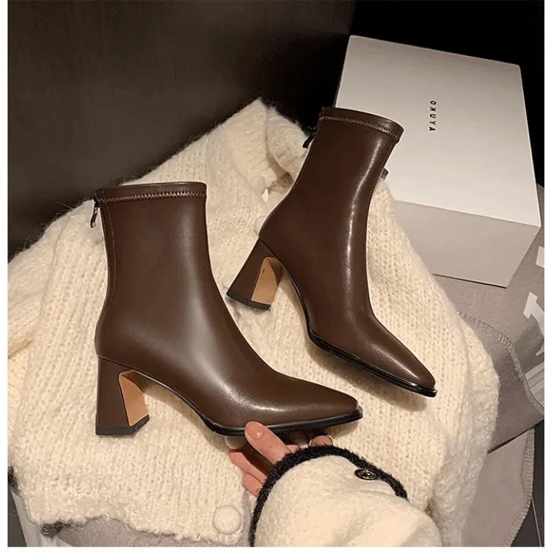 Sonicelife Shoes Female 2024 Hot Sale Zipper Women's Boots Autumn Square Toe Solid Mid Heeled Commuting Work Daily British Naked Boots