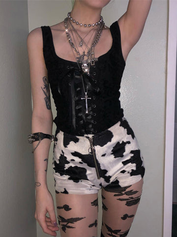 Sonicelife Goth Punk Sexy Camis Women Lace Up Strapless Square Collar Lace Patchwork Slim Bodycon Vest Ins Dark Black Crop Tank Top