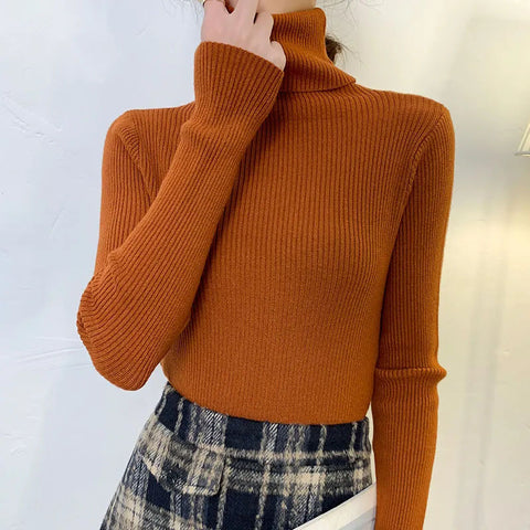 Black Friday Sonicelife Zoki Autumn Fashion Women Turtleneck Sweater Korean Long Sleeve Simple Basic Slim Elastic Jumper Solid Screw Thread Elegant Tops