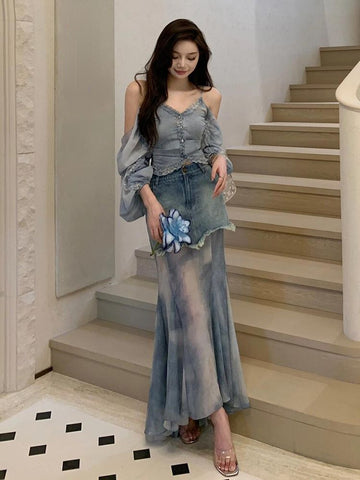 Sonicelife Women Blue Jean Skirt Y2k Clothes Harajuku Korean Girl Casual Chic Fashion Vintage Denim Mermaid Skirt Raw Edge Japanese Fashion