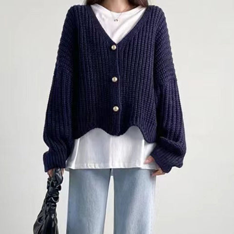 Sonicelife Lazy Wind Women Sweet Cardigan Korean Loose Long Sleeve Casual Knitted Coats Vintage V Neck Oversize Rose Color Cardigan
