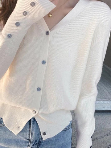 Back To School Sonicelife Solid Color V Neck Button Decor Cardigan