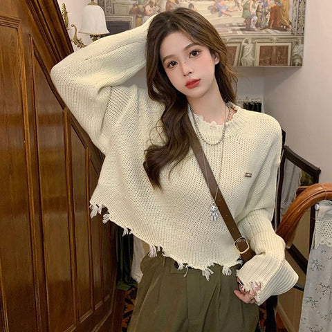 Black Friday Sonicelife Y2K Ripped Knitted Crop Sweater Women Autumn Fashion Long Sleeve Tassel Pullover Korean Loose Streetwear Hollow Out Chic Jumper