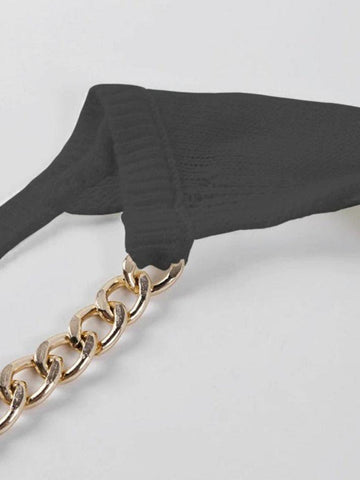Sonicelife-Metallic Chain Embellished Shrug Crop Sweater