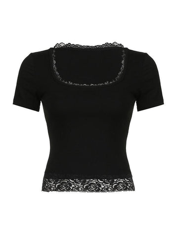 Sonicelife-Lace Trim Splice Square Neck Crop Short Sleeve Tee