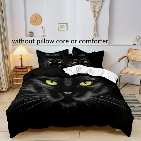 Sonicelife 3pcs Duvet Cover Set, Black Cat Print Bedding Set, Soft Comfortable Duvet Cover, For Bedroom, Guest Room