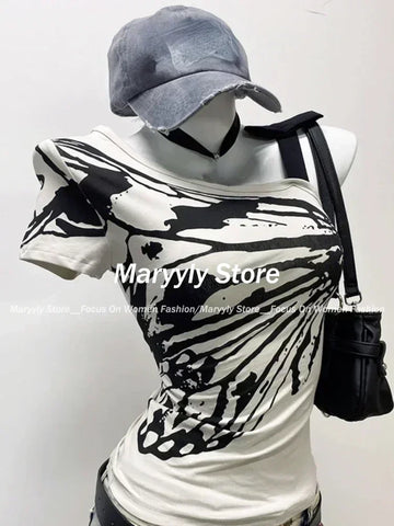 Sonicelife Summer Sexy One Shoulder Design Y2k Vintage T-Shirts Women Streetwear 2000s Casual Print Tees 2025 Korean Fashion Punk Crop Tops