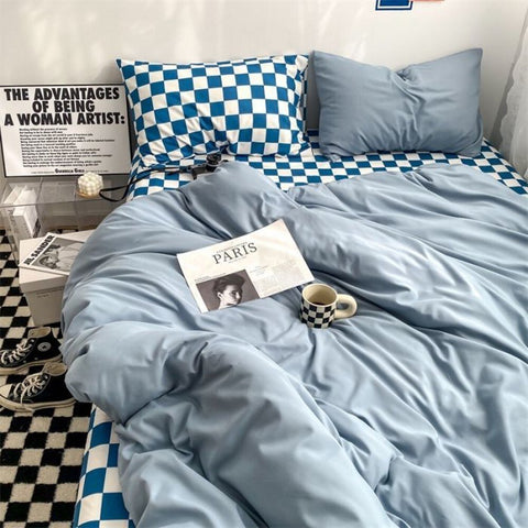 Sonicelife Checkerboard Bedding Sets Solid Color Fashion Single Double Queen Size Duvet Cover Flat Sheet Pillowcases Hotel Home Bed Linen