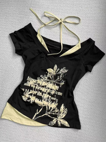 Sonicelife American Retro Halter Neck Printed T-shirt 2024 Summer Streetwear Hot Girl Slim Millennium Harajuku Fashion Casual Women Clothes