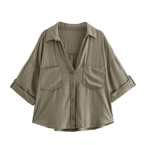 Sonicelife Striped Shirt with V-neck for Women Linen Blend Pocket Decoration for Commuting Style Casual Versatile Single Breasted Top New