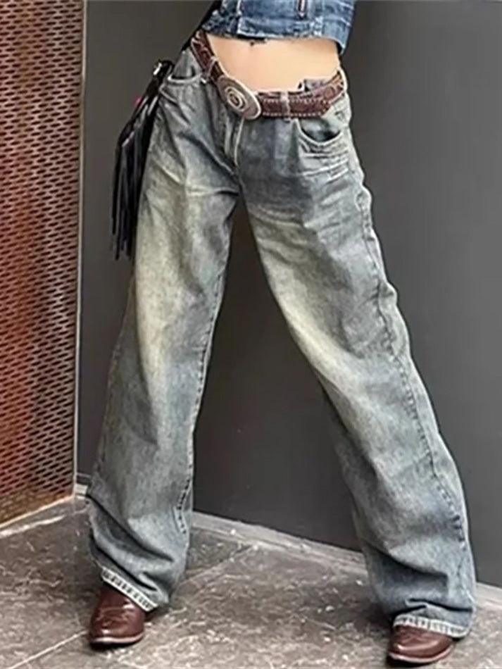 Sonicelife-Low Rise Washed Wide Leg Jeans