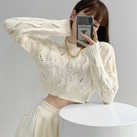 Black Friday Sonicelife Korean Twist Sweater Women Sexy Cropped Top Autumn Winter Casual Chic Knit Pollover O-Neck Long Sleeve Solid Harajuku Jumpers