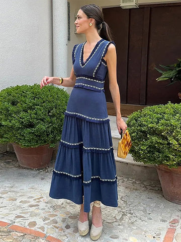 Sonicelife Elegant Tassels Ruffles Maxi Dress Women Vintage V-neck Sleeveless Patchwork Female Party Dresses 2024 Summer Lady Holiday Robes