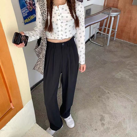 Sonicelife High Waist Women Suit Pants Fall Straight Office Ladies Korean Fashion Trousers Casual Button Loose Female Black Pants New