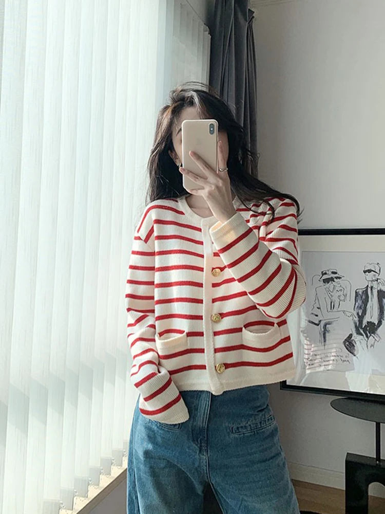 christmas outfit Sonicelife Korean Fashion Sweater Women Cardigans White Black Striped Knitted Female Sweater Winter Short Cardigan Long Sleeve Cardigan Top