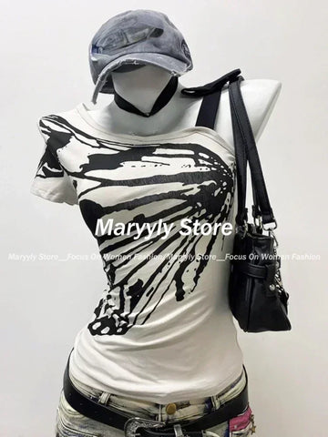 Sonicelife Summer Sexy One Shoulder Design Y2k Vintage T-Shirts Women Streetwear 2000s Casual Print Tees 2025 Korean Fashion Punk Crop Tops