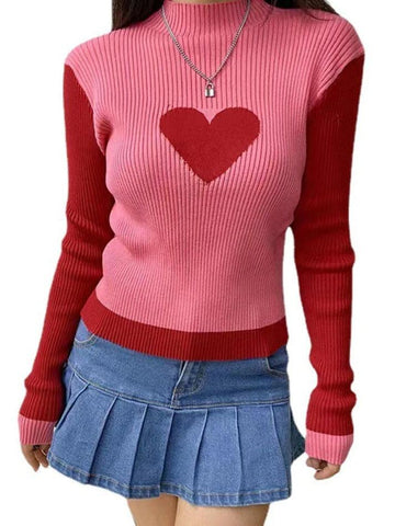 Sonicelife-Knit Heart Print Slim Sweater