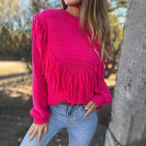 Sonicelife Women Pink Knitted Sweater Tops Cashmere Knit Tassel Jumper Pullovers Long Sleeve Loose Sweaters Y2K Aesthetics Retro Sweater