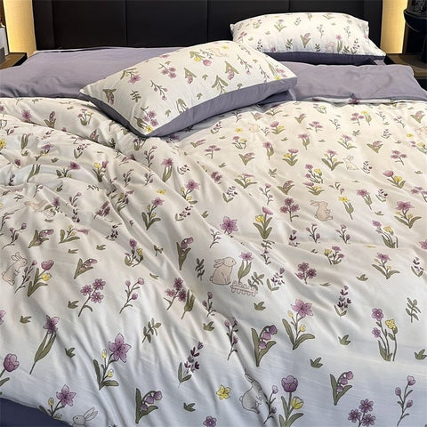 Sonicelife Ins Purple Flower Bedding Set Washed Cotton Bed Sheet Pillowcase Quilt Cover Simple Kids Adult Floral Duvet Cover No Filler