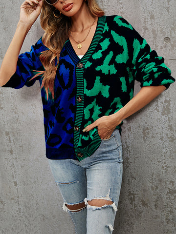 christmas outfit Sonicelife Long Sleeves Loose Buttoned Leopard Split-Joint V-Neck Cardigan Tops