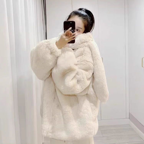 Sonicelife Winter Oversized Warm White Faux Fur Coats Women Clothes Bunny Ears Kawaii Sweet Cute Japanese Y2k Tops Fluffy Jacket Hoodie