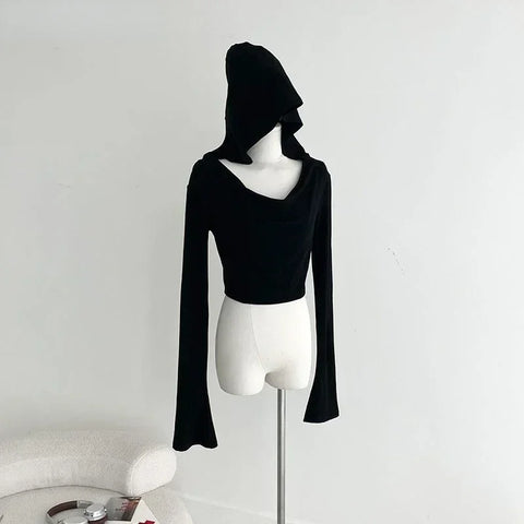 Sonicelife Gothic Black Tshirts for Women Y2k Crop Tops Shirts 2025 Summer Hooded Long Sleeve Tees Korean Fashion Casual Sexy T Shirt New