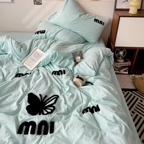 Sonicelife Ins Nordic Letter Butterfly Duvet Cover Set Quilt Set Bed Sheet Set Home Luxury Yellow Embroidery Bedding Set Bed Sheets