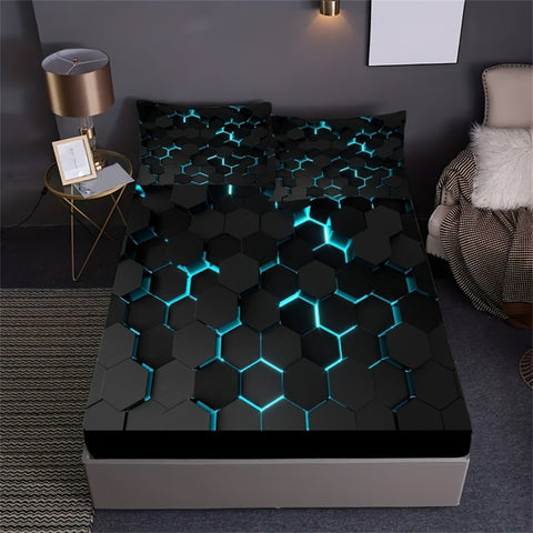 Sonicelife Blue 3D Hexagonal Honeycomb Geometry Print Fitted Sheet Set Column Mosaic Art Neon Mattress Covers Bedding Set With Deep Pocket