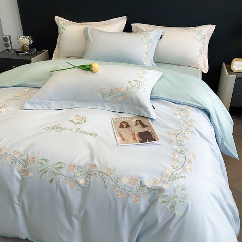 Sonicelife New High-End Simple and Light Luxury Skin-Friendly Cotton Four-Piece Set Simple Embroidery Bedding Lily