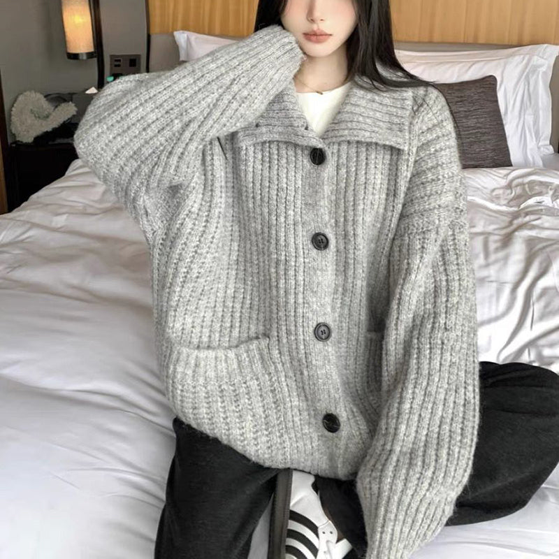 Black Friday Sonicelife Loose Lazy Sweater Women Twist Fashion Knit Autumn Winter Warm Cardigan Harajuku Stand Collar Gray Vintage Female Jumpers