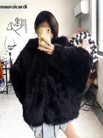 christmas outfit Sonicelife Winter Oversized Black Warm Shaggy Hairy Faux Fox Fur Coat Women with Hood Bat Sleeved White Korean Fashion 2025