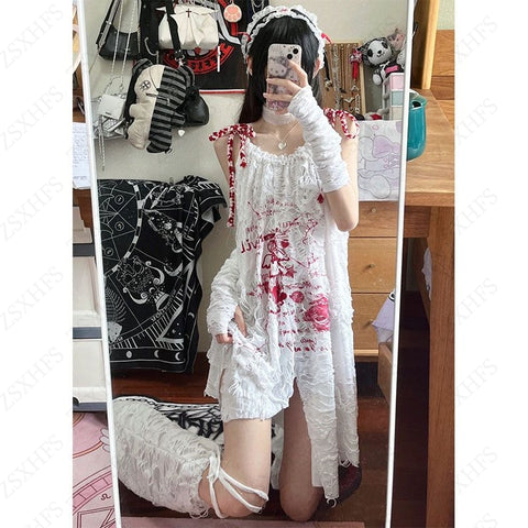 Sonicelife Harajuku Dresses Summer Women Clothing Lace Angle Drawstring Loose Kawaii Cute Girl Dress Sleeveless Sexy Korea Y2k Long Dresses