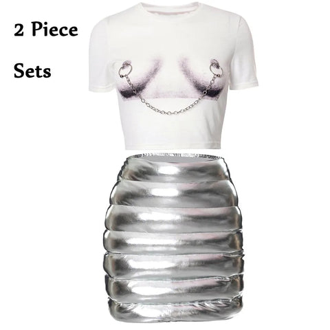 Sonicelife Y2K Women Sexy 2 Piece T Shirt Bubble Skirts Sets Print Chain Crop Shirts Puff Bodycon Skirts Suits Slim Two Piece Party Outfits