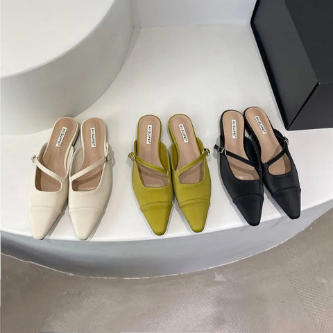 Sonicelife Pointed Toe Women Slippers Mixed Solor Color Flat Heels Shallow Slip On Casual Slides Mules Shoes Black Beige Green Slippers