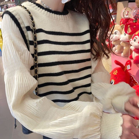 Black Friday Sonicelife Black White Striped Knitted Sweater Women Korean Fashion Lantern Sleeve Fall Winter Sweet Fake Two-Piece Pullover School Jumpers