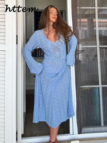 Sonicelife Elegant Knit Hollow Out Long Dress Women Loose V-neck Full Sleeves See Through Beach Female Dresses 2024 Summer Lady Beach Robes