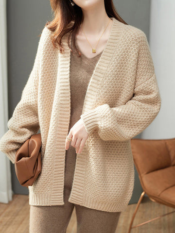 christmas outfit Sonicelife Long Sleeves Loose Solid Color Collarless Cardigan Tops