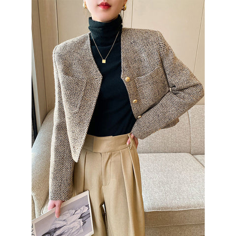 Sonicelife Vintage Cropped Tweed Jacket Women Elegant Short Blazer Autumn Korean Single-Breasted All Match Casual Chic Outerwear Tops