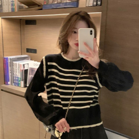 Black Friday Sonicelife Black White Striped Knitted Sweater Women Korean Fashion Lantern Sleeve Fall Winter Sweet Fake Two-Piece Pullover School Jumpers