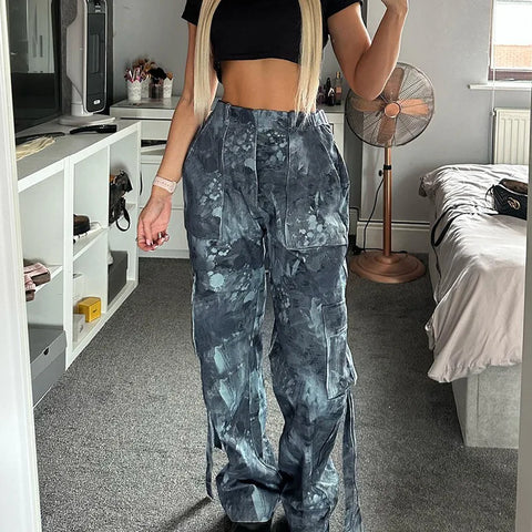 Sonicelife Fashion Women Tie-dye Printed Cargo Pants High Waist Bandage Loose Trousers Dance Hiphop Lady Baggy Pants Straight Pants