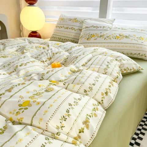 Sonicelife Ins Bedding Set Cream Green Floral Twin Queen Size Duvet Cover Flat Sheet Pillowcase No Filler Girl Boy Gift Home Bed Linens