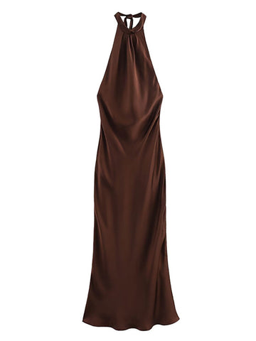 Sonicelife Elegant Satin Hang Neck Lace Up Dress Women Sexy Sleeveless Backless Female Maxi Dresses 2024 Spring Summer Lady Party Robe New