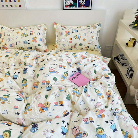 Sonicelife Korean Style Cartoon Sheep Bedding Set Girls Kids Twin Full Queen Size Bed Flat Sheet Duvet Cover Pillowcases Bed Linen Kawaii