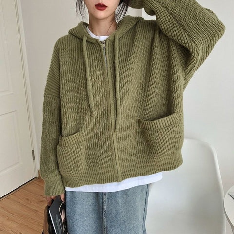 Black Friday Sonicelife Zipper Cardigan Sweater Women Knit Fall Winter Long Sleeve Harajuku Y2K Solid Jumper Loose Lazy Warm Vintage Basic Female Hoodie