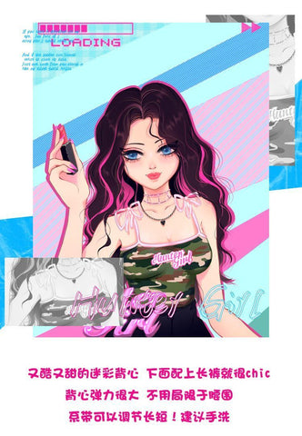 Sonicelife Aesthetic Camis Kawaii Cute Women Clothing Sweet Girl Slim Short Camouflage Tank Tops Bandage Punk Femme Tees Y2k Crop Top Emo