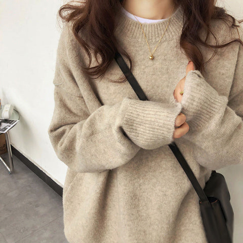 Black Friday Sonicelife Retro Loose Solid O-neck Sweaters Women Autumn Casual Soft Warm Pullover Sweaters Female Chic Daily All-matching Knitwear