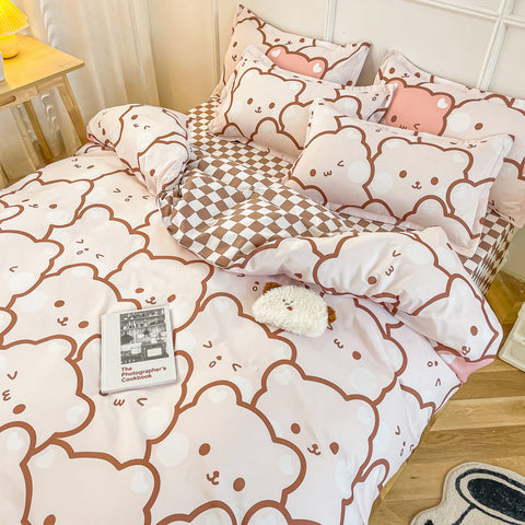 Sonicelife Rabbit Bedding Set Cute Sweetheart Spring Soft Flat Sheet Duvet Cover Pillowcase Single Double Queen Size Bed Linen