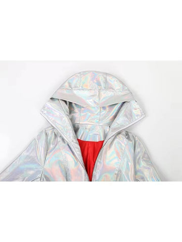 christmas outfit Sonicelife Spring Long Shiny Reflective Holographic Silver Faux Leather Trench Coat for Women with Hood Zip Up Y2K Streetwear